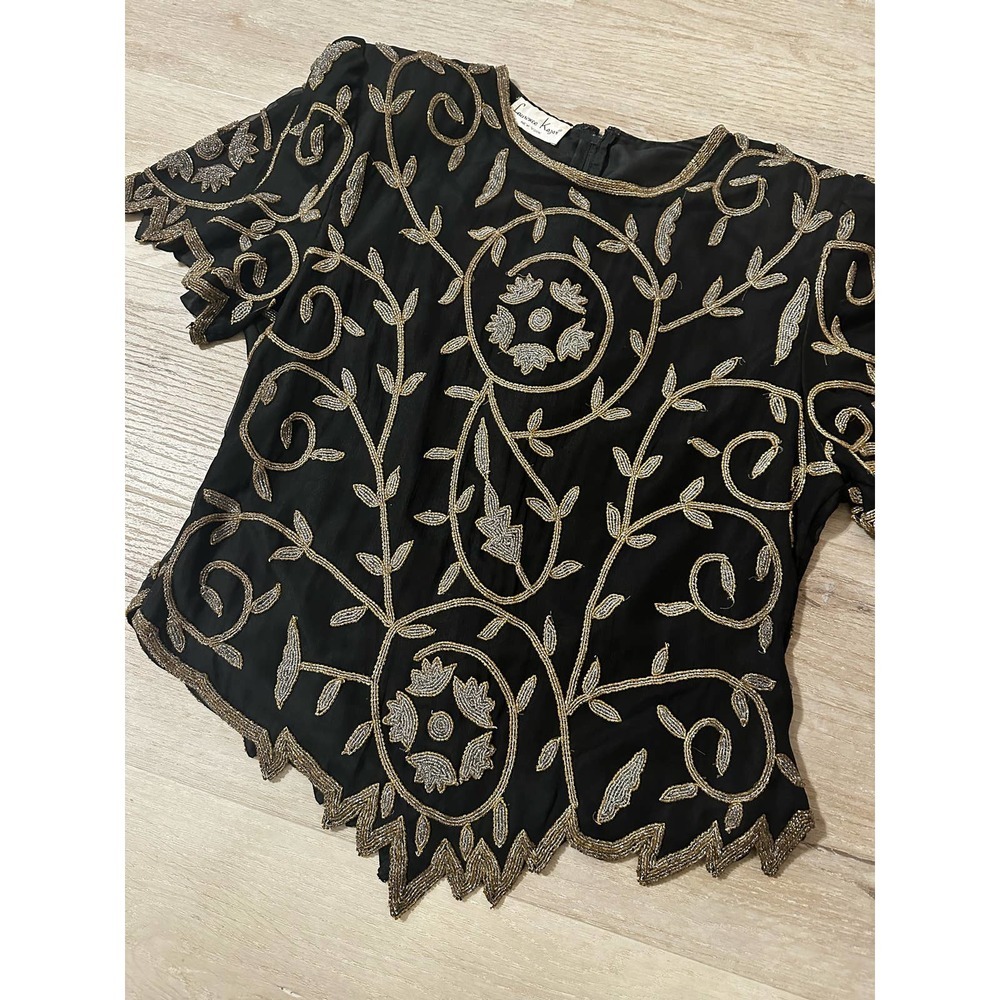 Laurence Kazar Vintage New York Gold And Black Beaded Blouse Silk Evening